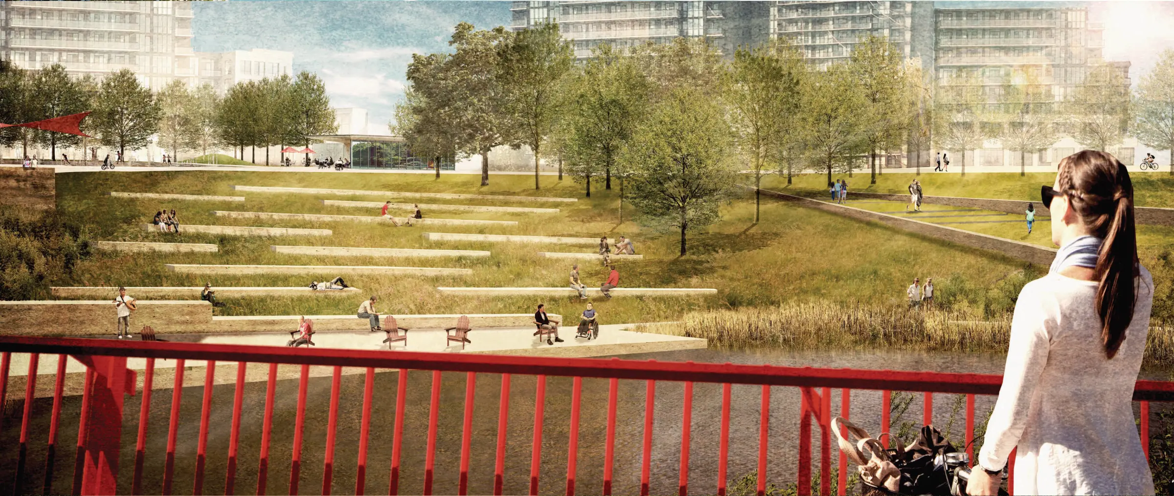 This rendering of Edgeley Park showcases paths, benches, and beautiful views.